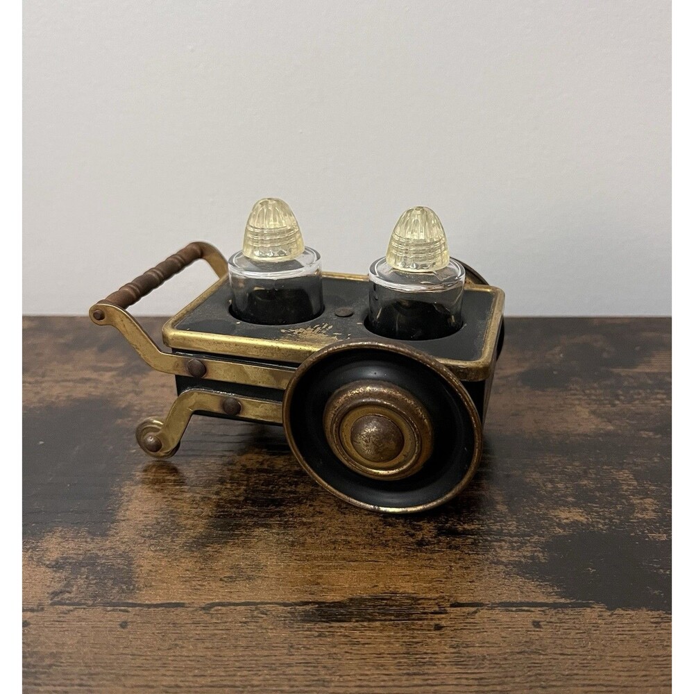 Vintage MCM Black Gold Brass Metal Cart Glass Salt and Pepper Shakers